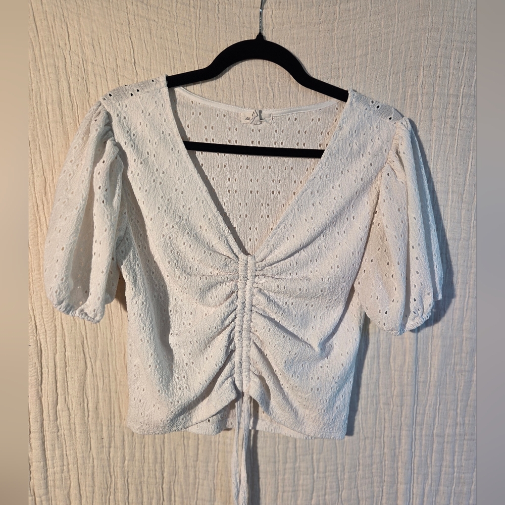 Elegant White Eyelet Blouse with Gathered Front
